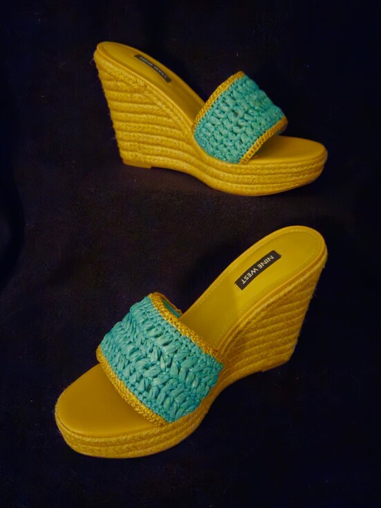 Nine West Shoes - Nine West Holand Wedge Slip-On Sandals Aqua Blue Crochet Details - Size 8.5M